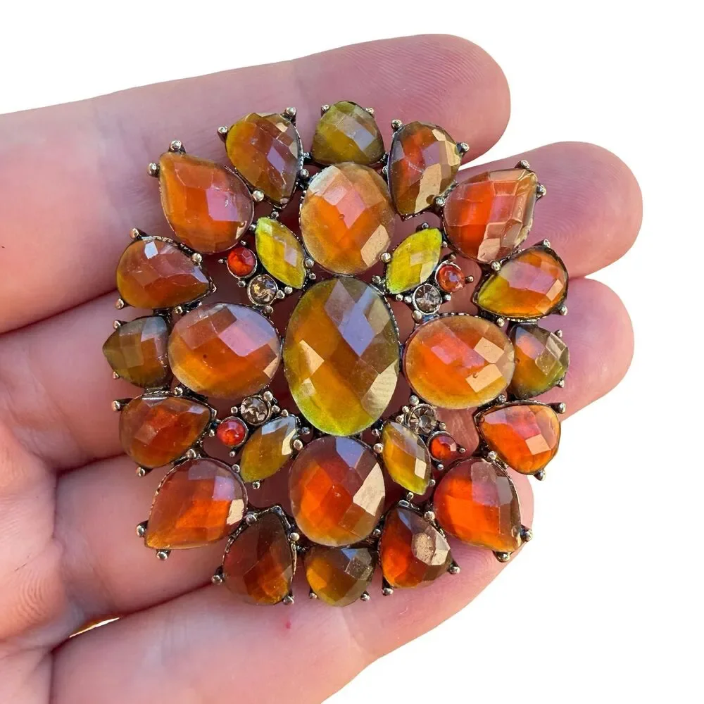 Vintage Jewelry Brooch Signed Liz Claiborne Orange Enamel Flower Rhinestone Pin